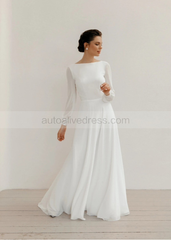 Lace Chiffon V Open Back Minimalist Wedding Dress